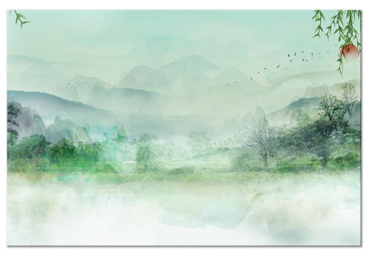 Mlžná země - akvarelová grafika horské země v zelených barvách