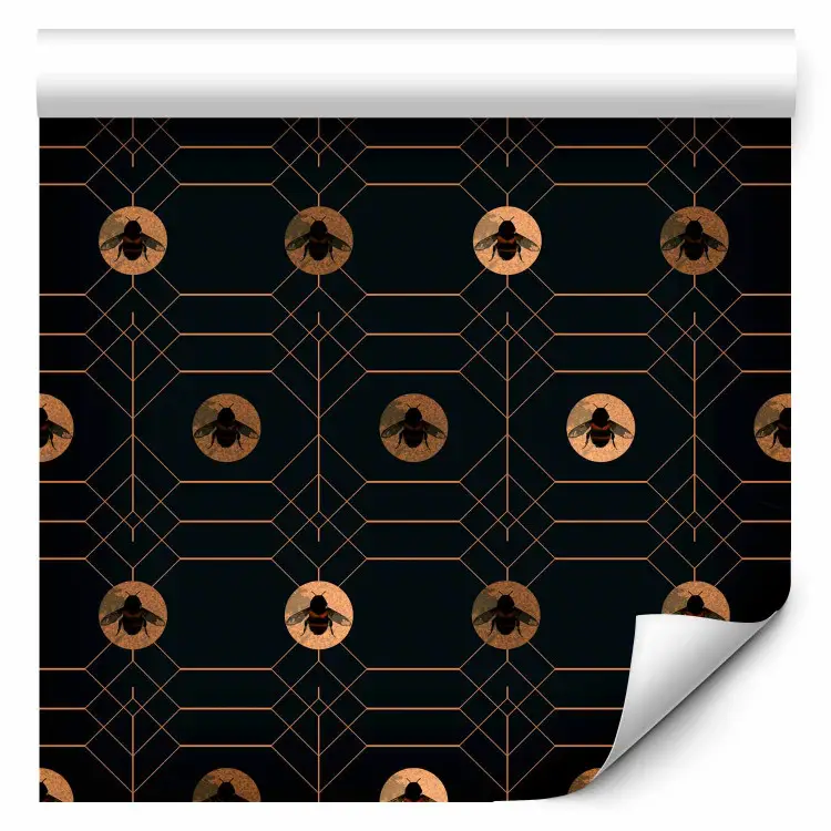 Tmavé šestiúhelníky - zlaté včely na černém pozadí s geometrickým vzorem